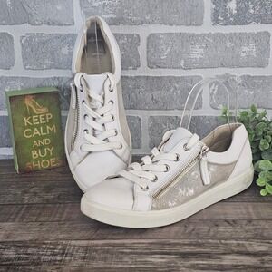 Hotter Chase Metallic Leather Sneakers White Beige Side Zip Comfort Women 8